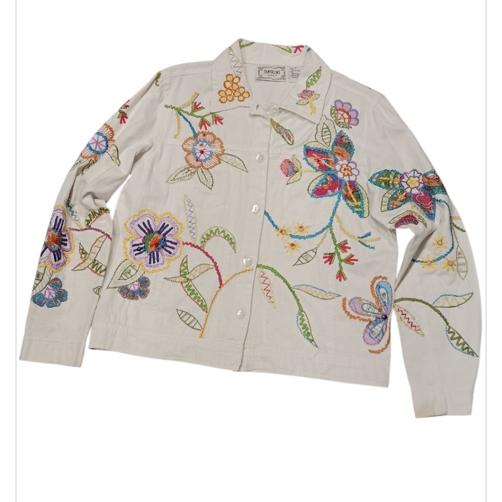 VTG Tantrums Floral Jacket Womens L Embroidered Canvas Trucker Boho Button Front